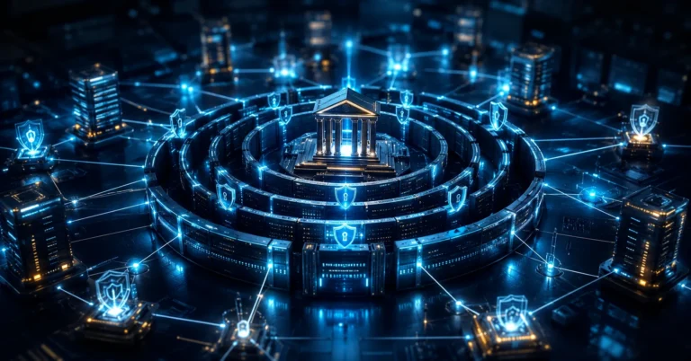 Aerial view of a bank inside concentric rings of data protected by padlocked shields, showing Zero Trust in banking