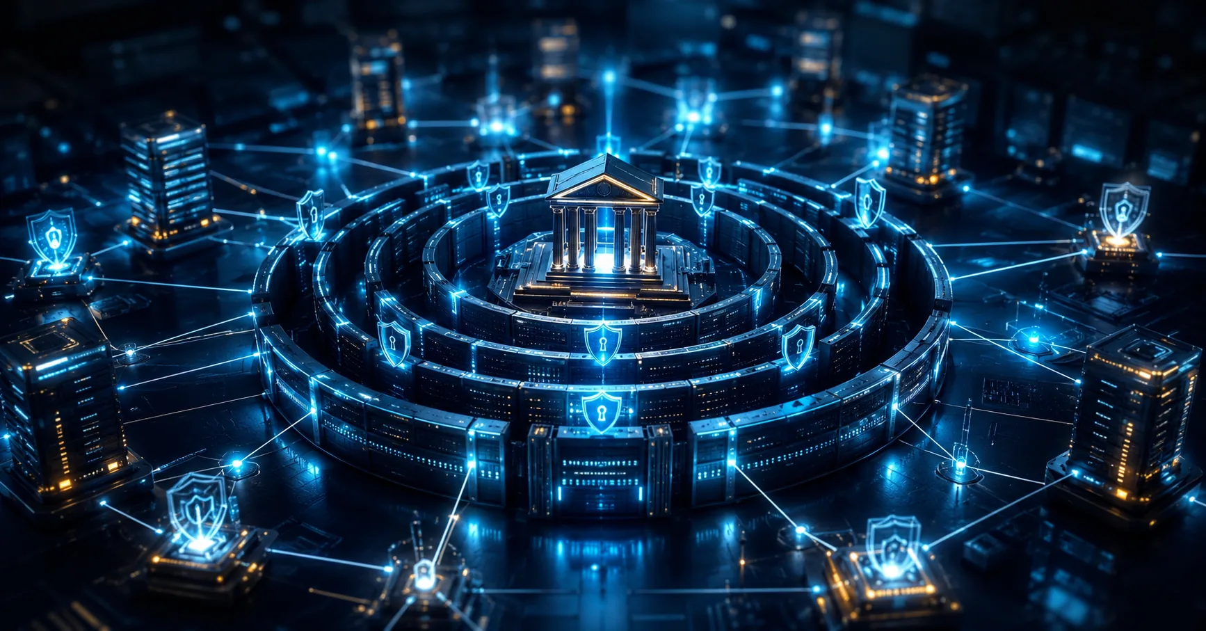 Aerial view of a bank inside concentric rings of data protected by padlocked shields, showing Zero Trust in banking