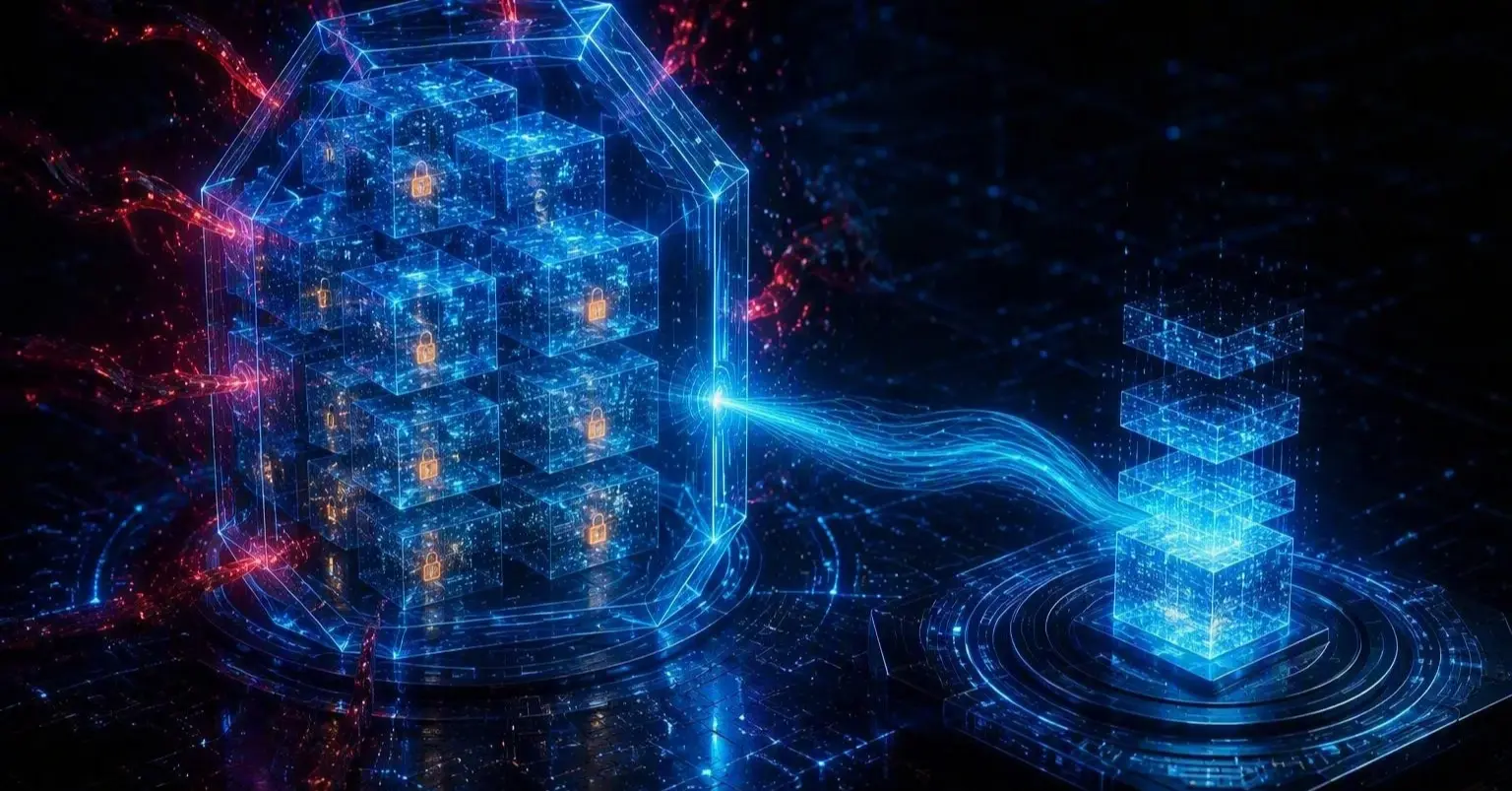 A vault of data blocks sealed in crystal with keyless padlocks, while a clean beam rebuilds one copy on a fresh platform