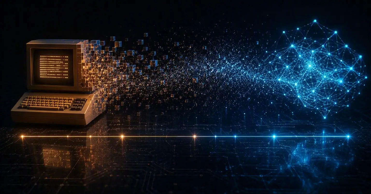 Terminal de videotex de los años ochenta que se disuelve en una red neuronal luminosa, de Ibertex a la inteligencia artificial