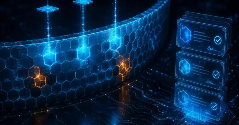 Hexagonal wall of systems with cracked amber tiles being sealed by descending patches and a signed log of every action, illustrating patch management under NIS2