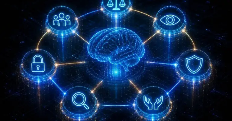 Seven glowing icons in a ring around a translucent brain, the principles of responsible artificial intelligence