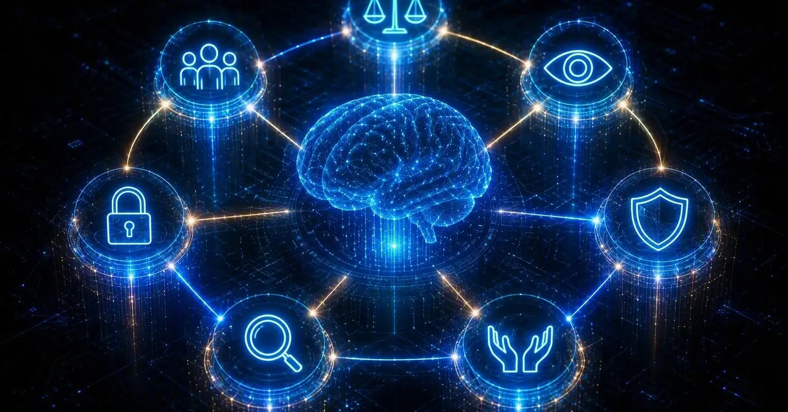 Siete iconos luminosos en anillo alrededor de un cerebro translúcido, principios de la inteligencia artificial responsable