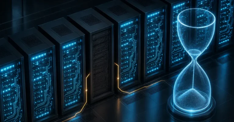 A server room with one cabinet powered down among active racks, Windows Server 2016 end of support