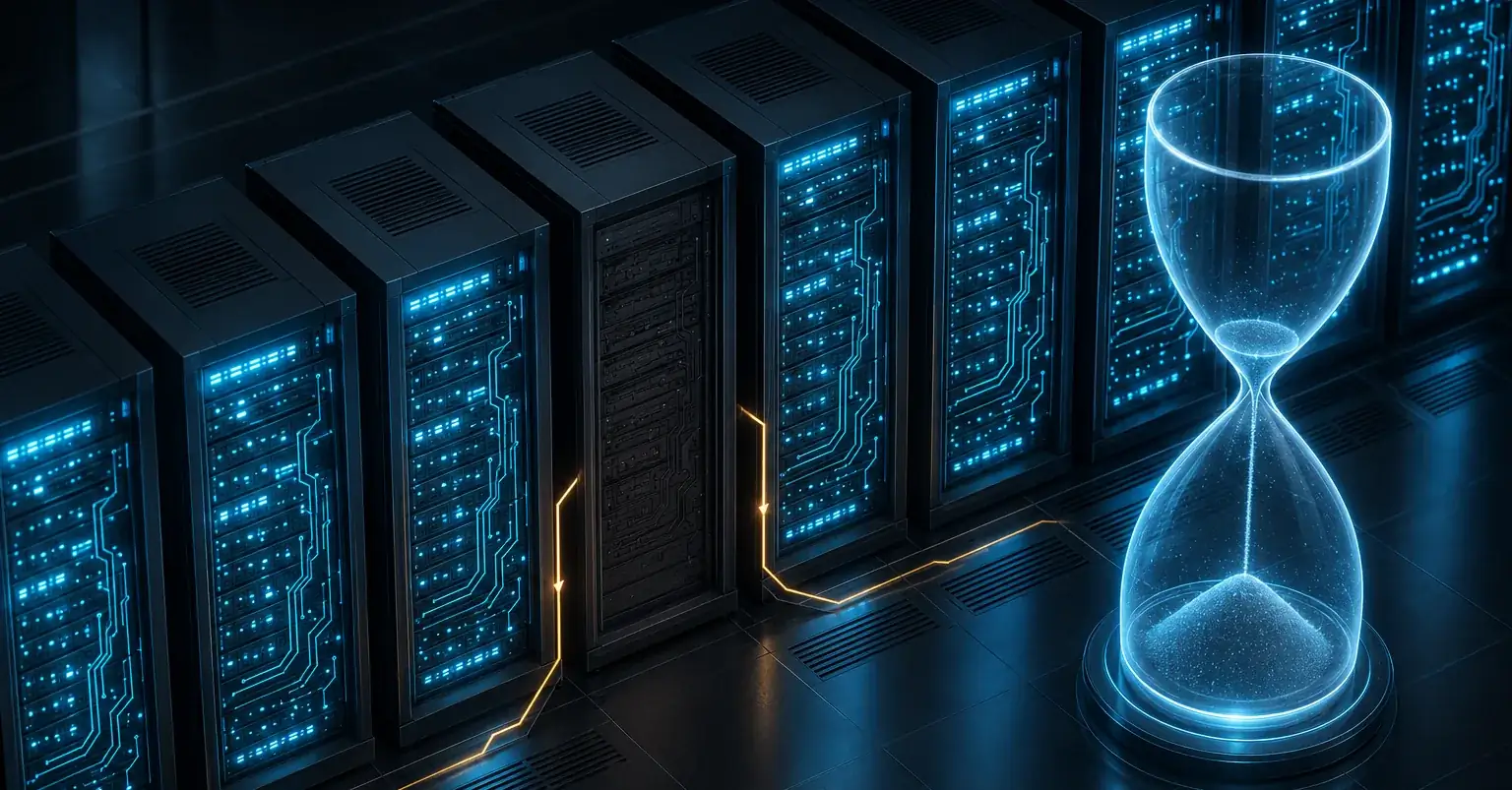 A server room with one cabinet powered down among active racks, Windows Server 2016 end of support