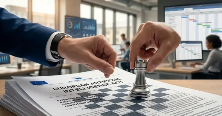A professional applying EU AI Act project management in a modern office.