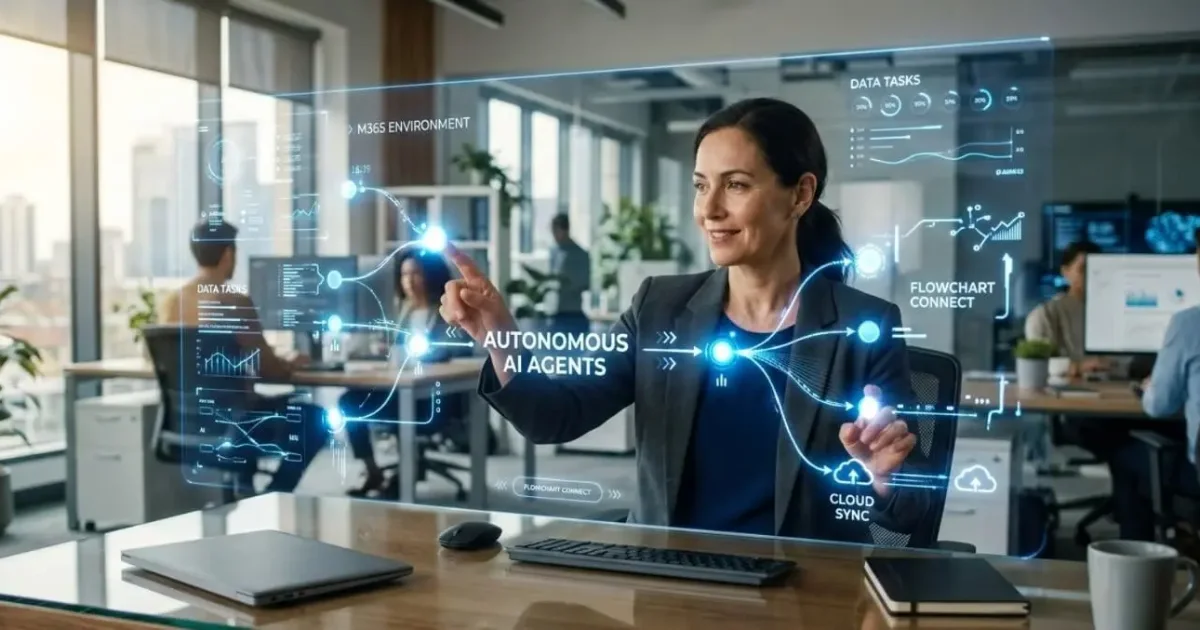 Professional managing autonomous AI agents on a fluid digital interface in a modern office
