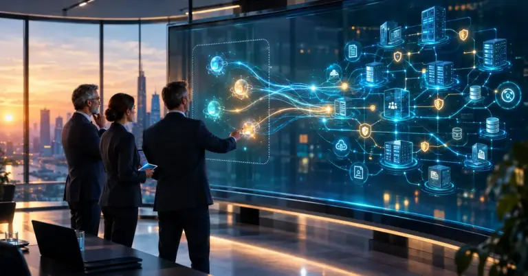 Leadership team watching a large display where AI agents move from a test environment into live enterprise systems, a metaphor for moving from pilot to production