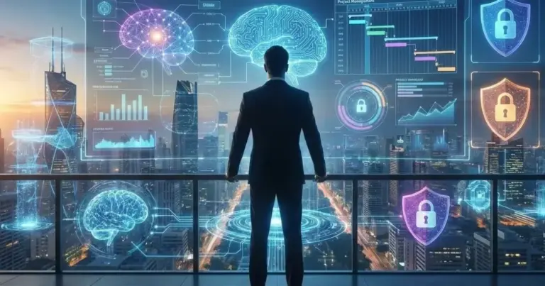 AI Project Manager overseeing a project management dashboard with security and AI metrics