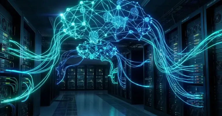 Conceptual illustration of AIOps: artificial intelligence managing IT infrastructure in real time