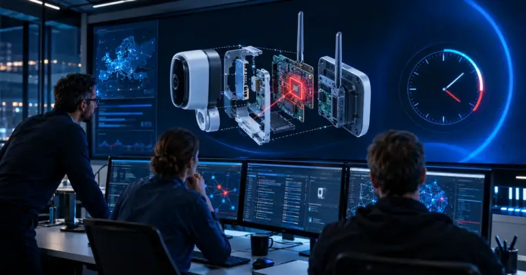 Equipo de seguridad de producto ante la vista despiezada de una cámara y un router con un componente en rojo y una cuenta atrás, que ilustra la notificación en 24 horas del Cyber Resilience Act