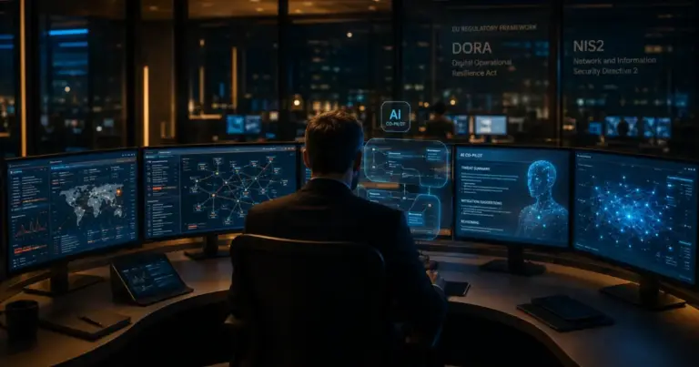 AI cybersecurity in banking under DORA: senior analyst working with an AI co-pilot in a banking SOC