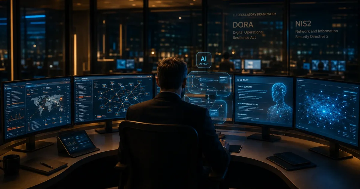 AI cybersecurity in banking under DORA: senior analyst working with an AI co-pilot in a banking SOC