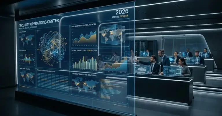 Banking security operations centre with real-time data screens and financial cybersecurity analysts