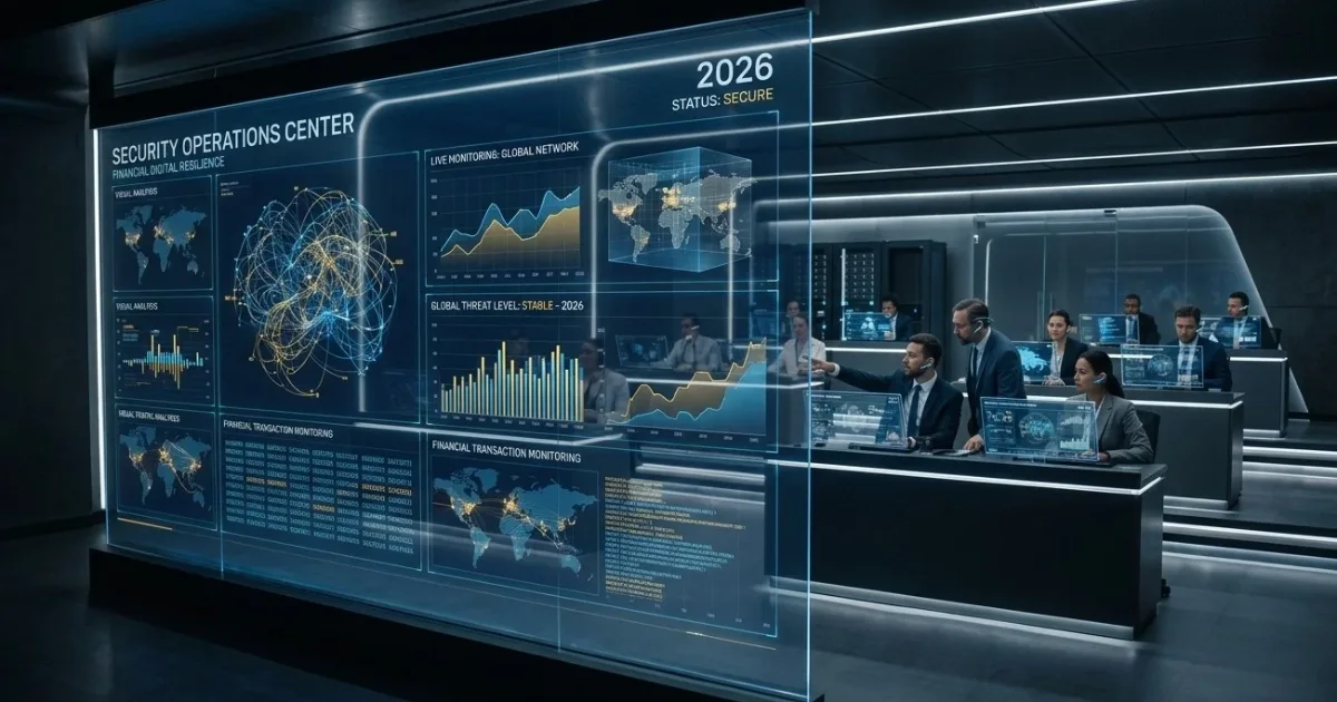 Banking security operations centre with real-time data screens and financial cybersecurity analysts